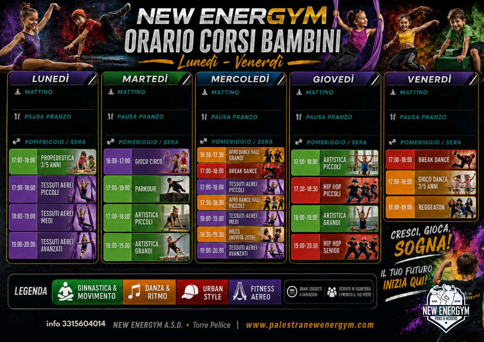 Orario corsi bambini e ragazzi New Energym